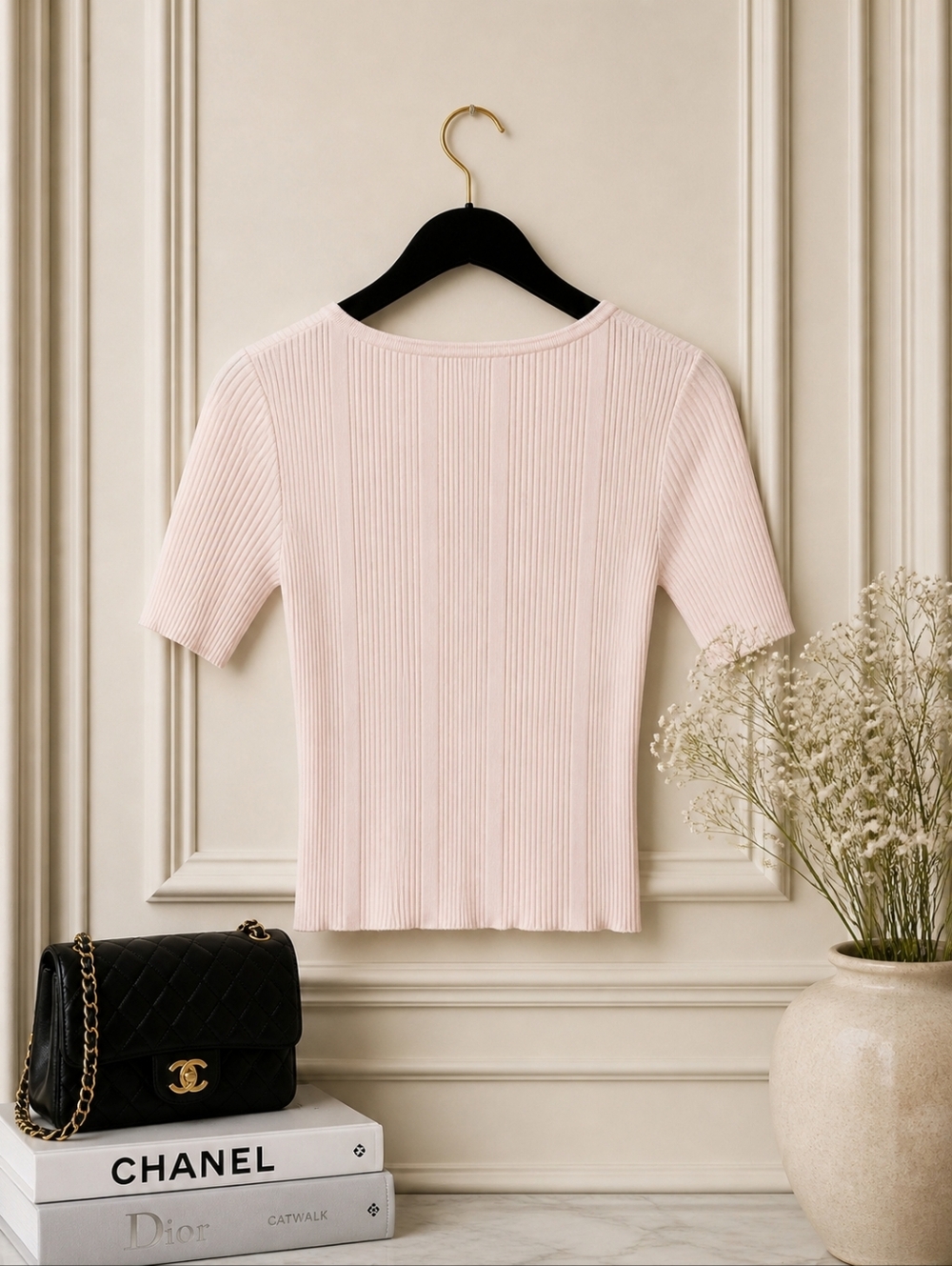 Divided Light Pink Ribbed Boat Neck Short Sleeve Scoop Top | Low Back